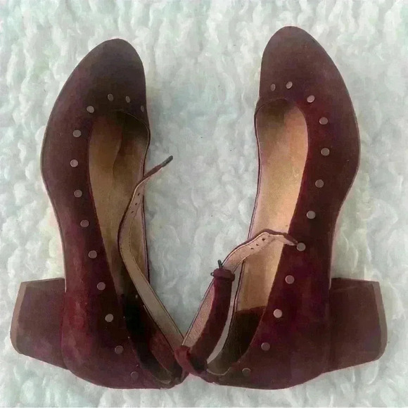 Madewell Inez Studded Burgundy Suede Block Heels Ankle Strap Shoe Sz 7.5 - Picture 2 of 8